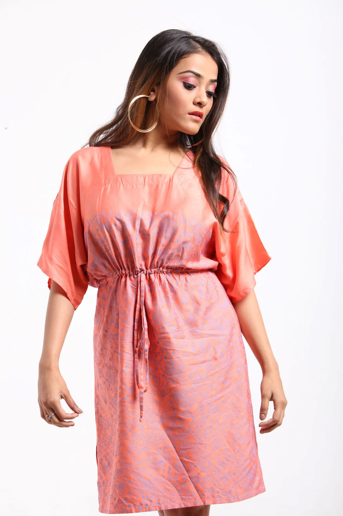 Coral screen print drawstring dress