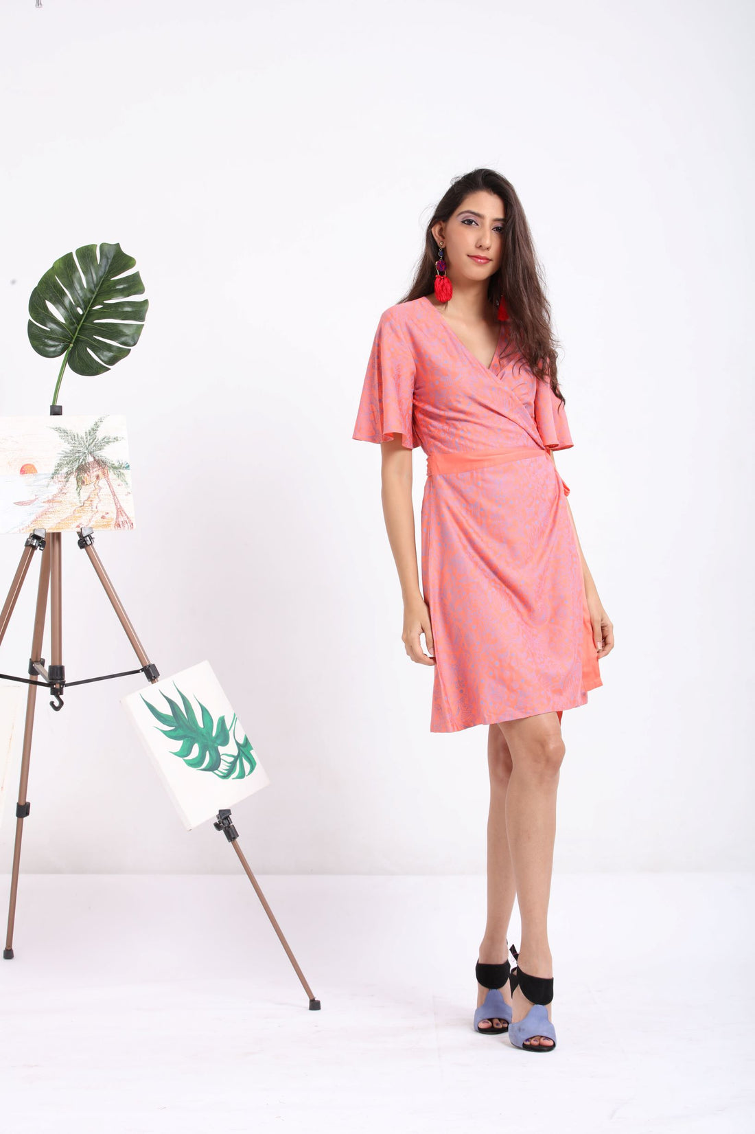 Coral floral screen print wrap dress 