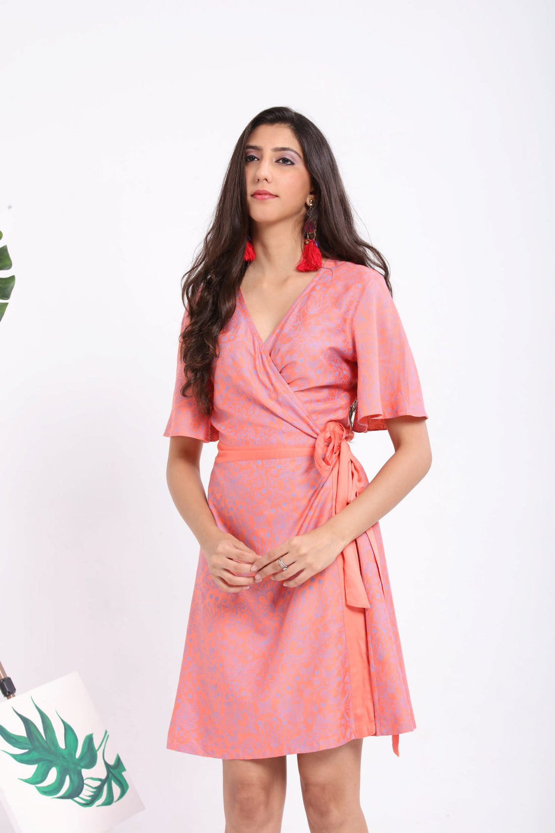 coral screen print wrap dress