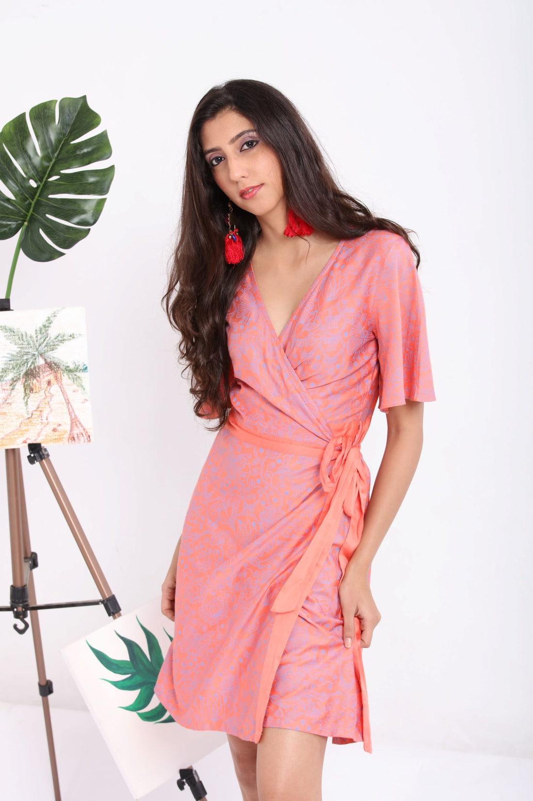 coral screen print wrap dress