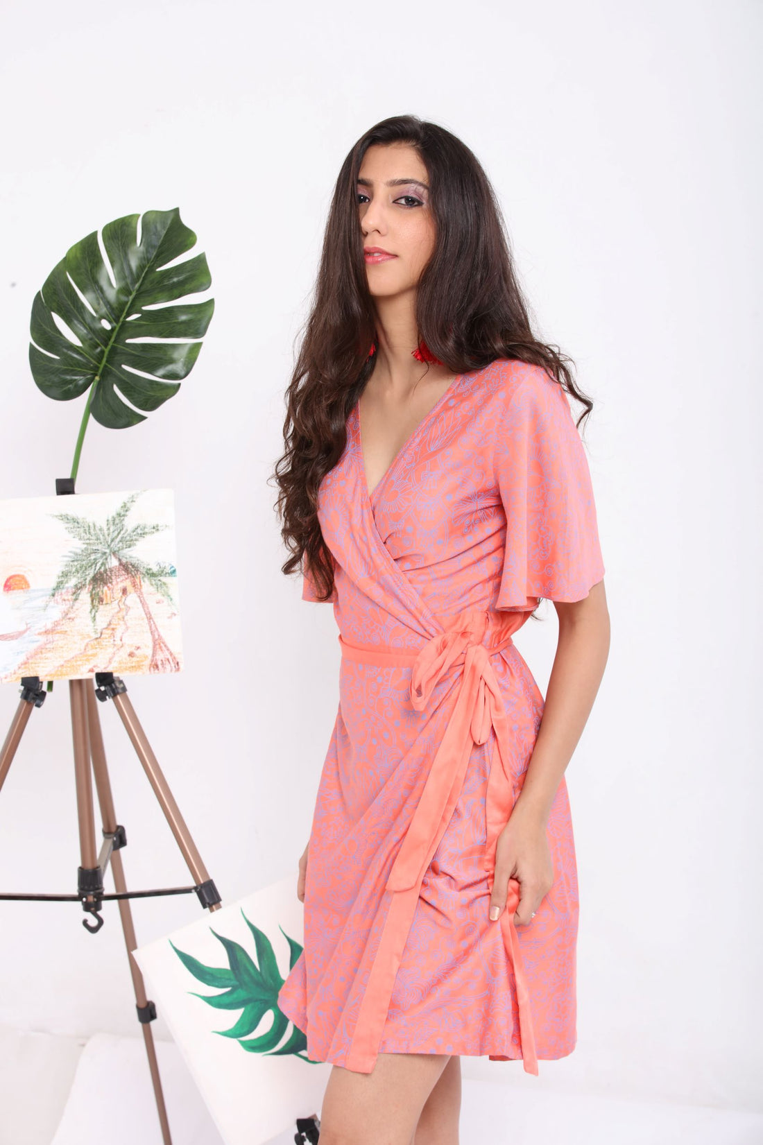 coral screen print wrap dress