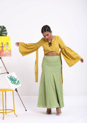 Lime green checks mermaid skirt in handloom cotton