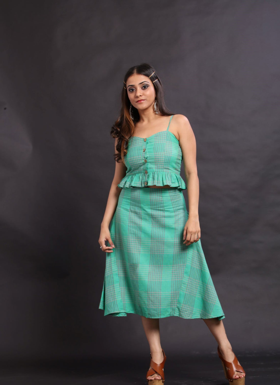 Earthy green & grey handloom checks skirt & crop top