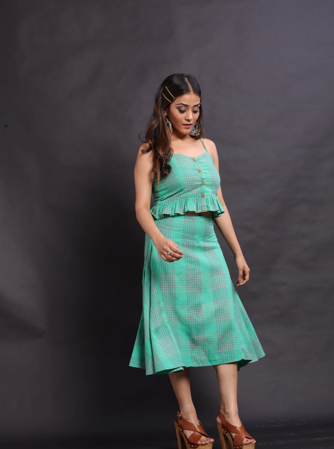 Earthy green & grey handloom checks skirt & crop top