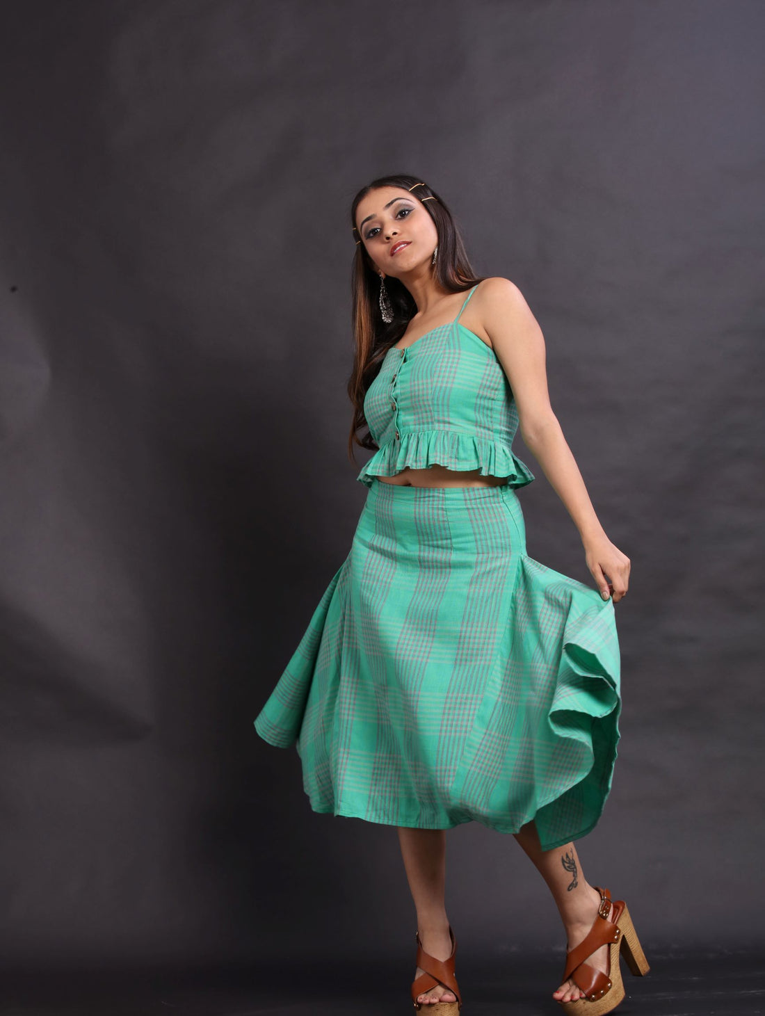 Earthy green & grey handloom checks skirt & crop top