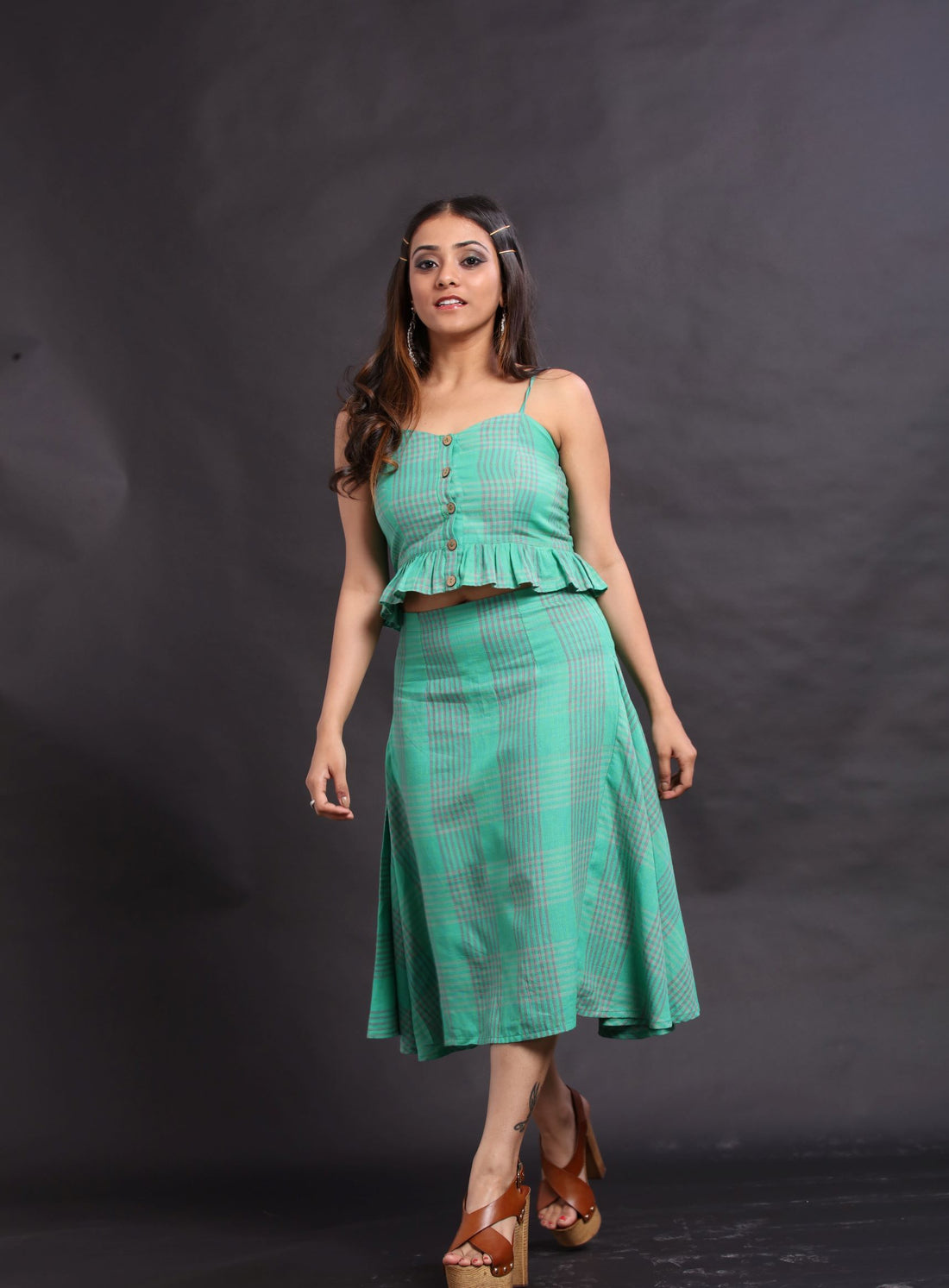 Earthy green & grey handloom checks skirt & crop top