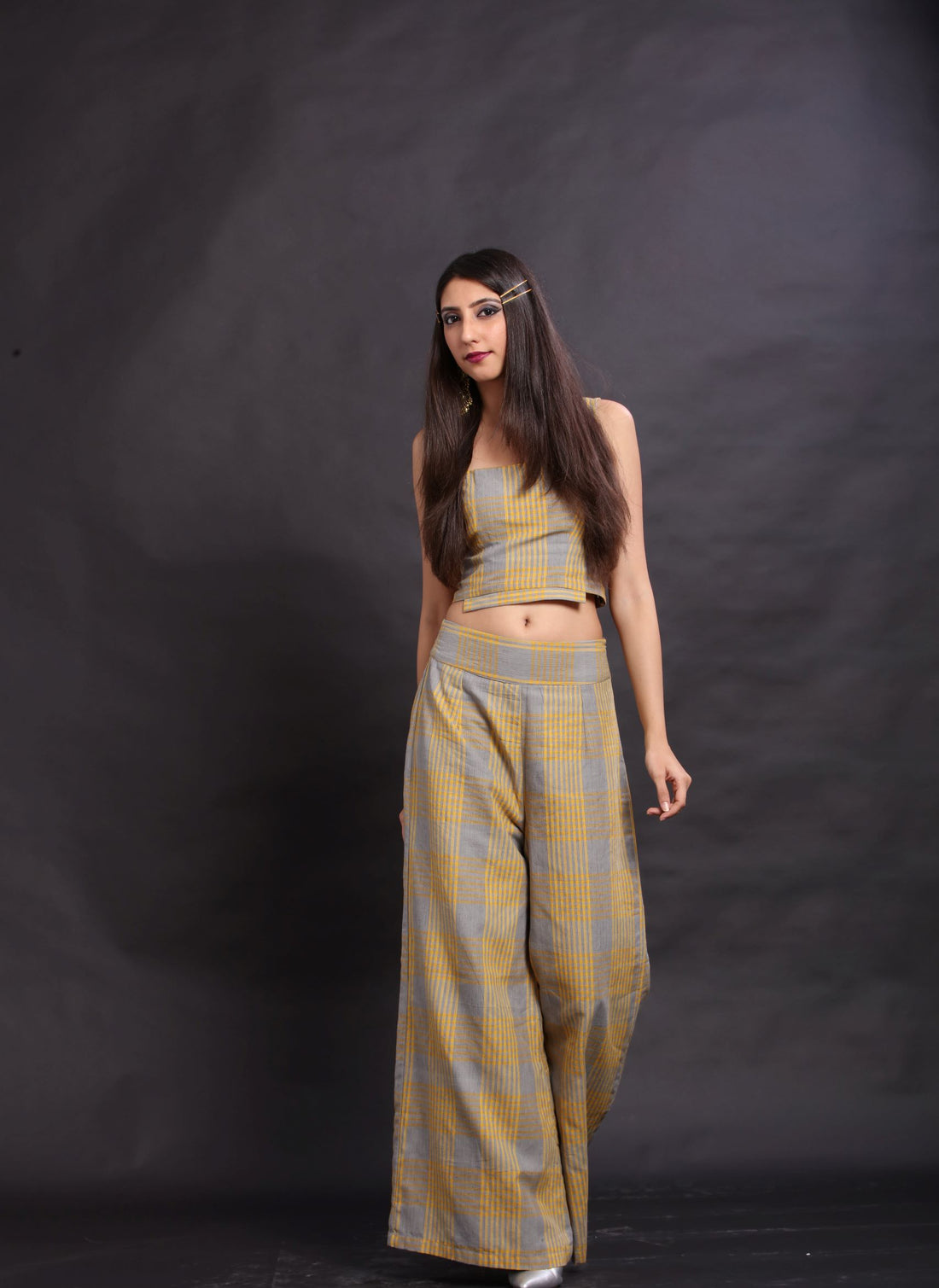 grey & yellow handloom checks trouser & crop top