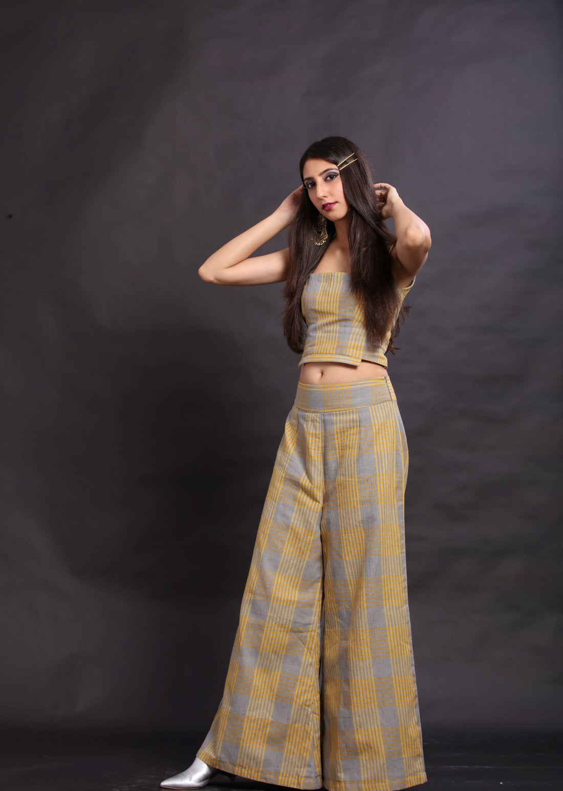 grey & yellow handloom checks trouser & crop top