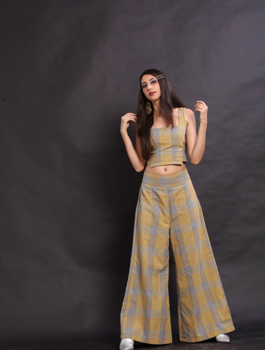 grey & yellow handloom checks trouser & crop top