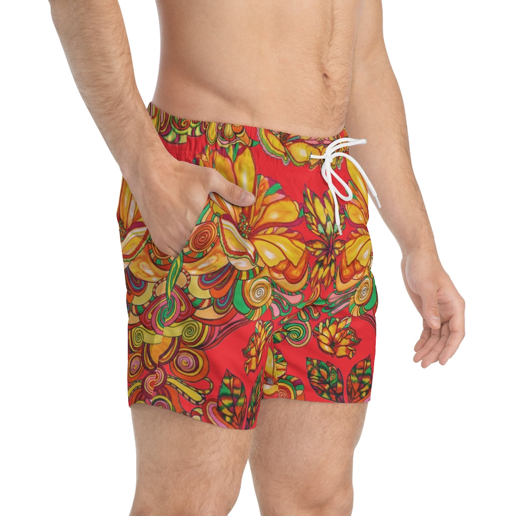 Artsy Floral Men's Black Swimming Trunks