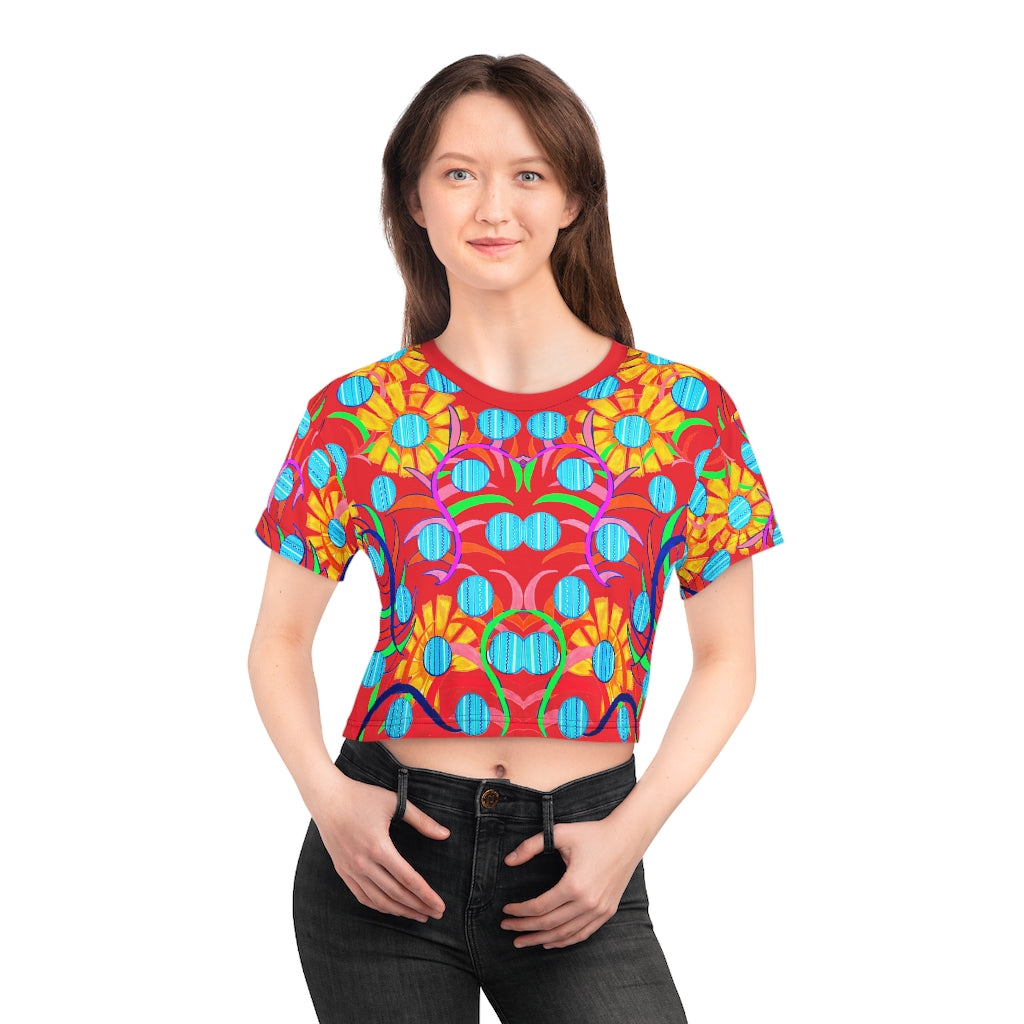 red sunflower print cropped t-shirt