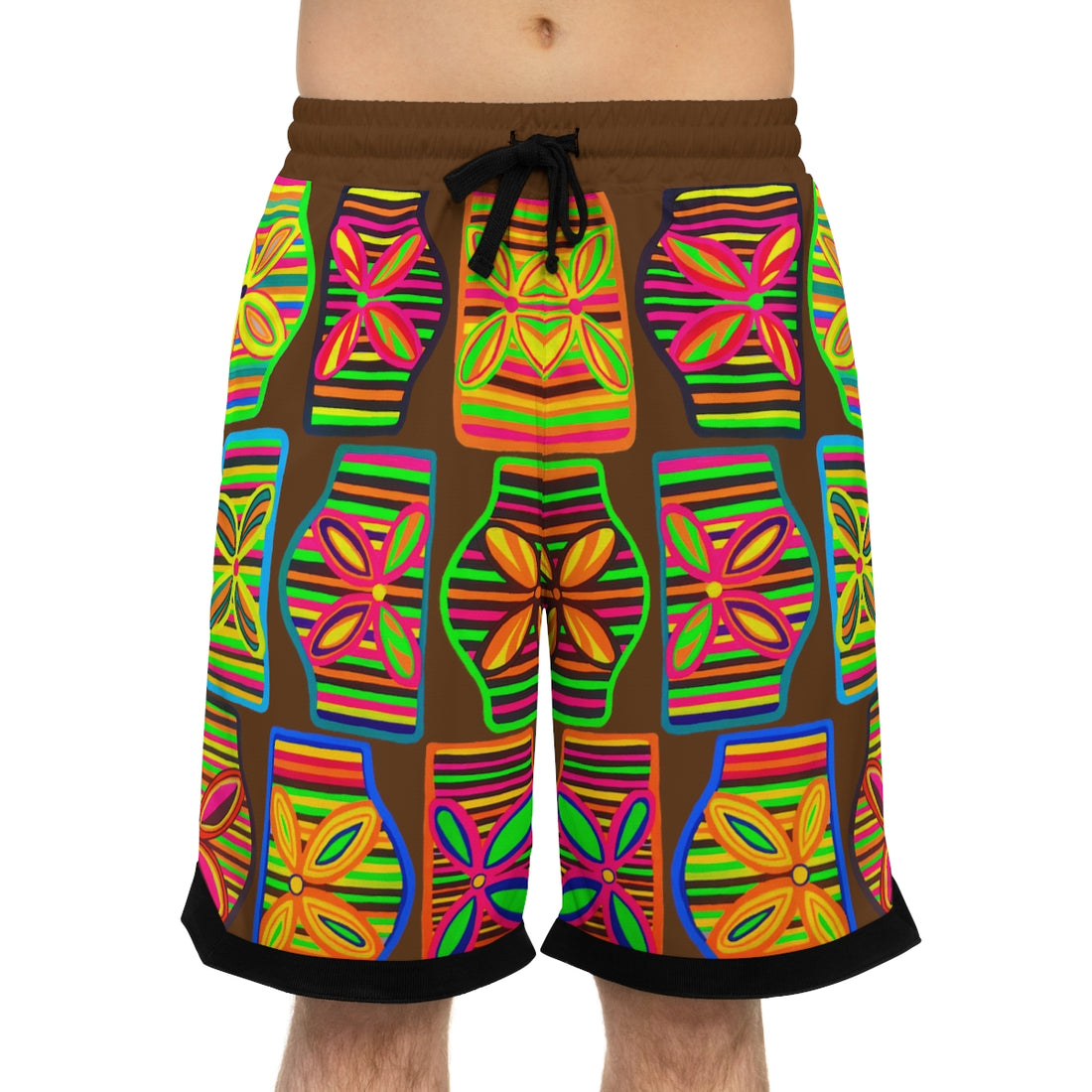 brown art deco print basketball shorts for men