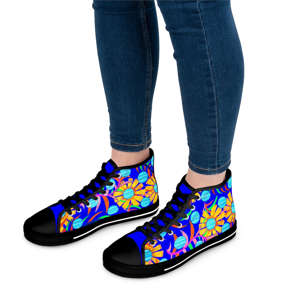 electric blue sunflower print women's hightop canvas sneakers 