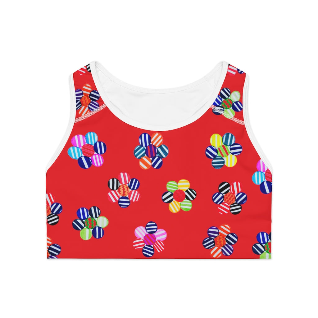 red geometric flowers sports bra 