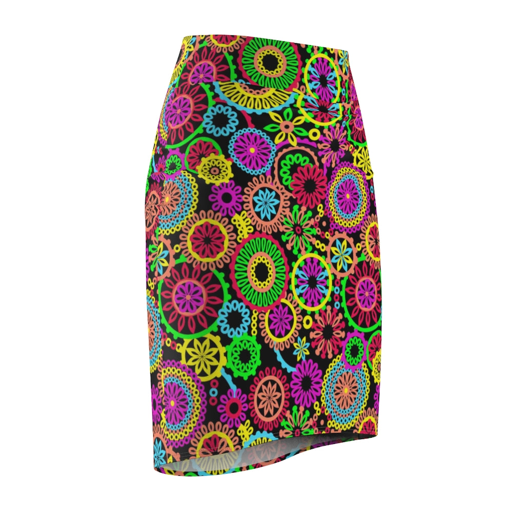 AOP 70's Black Pencil Skirt