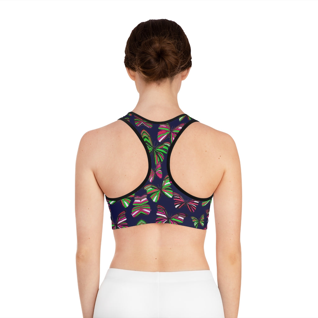 navy butterfly print sports bra