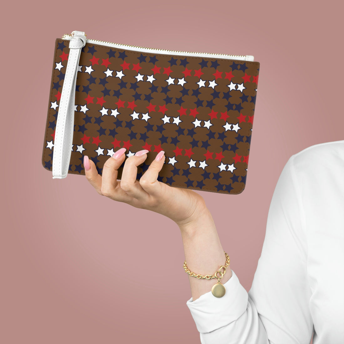 Brown Star Print Clutch Bag