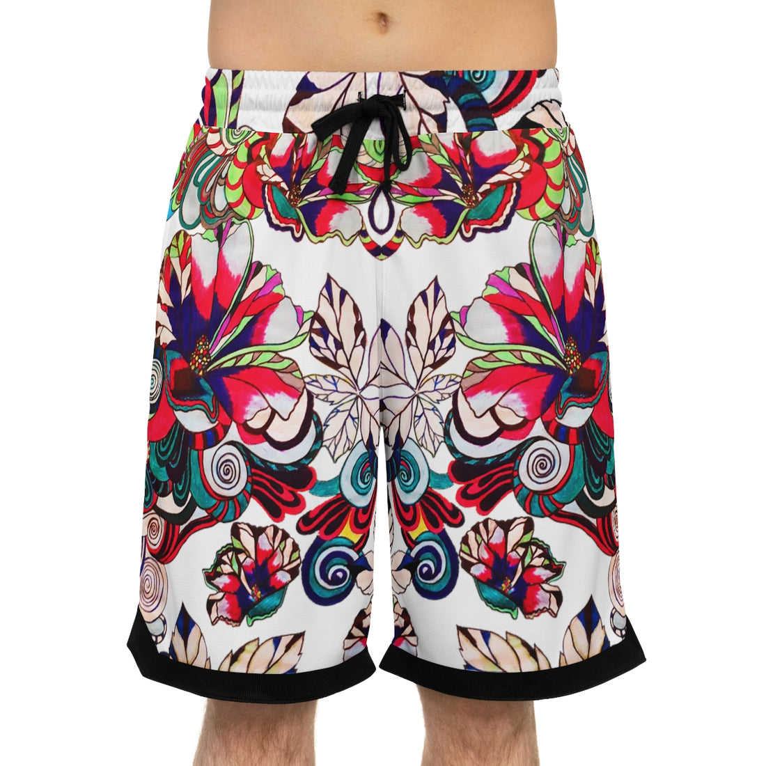 White Graphic Floral Basketball Rib Shorts (AOP)