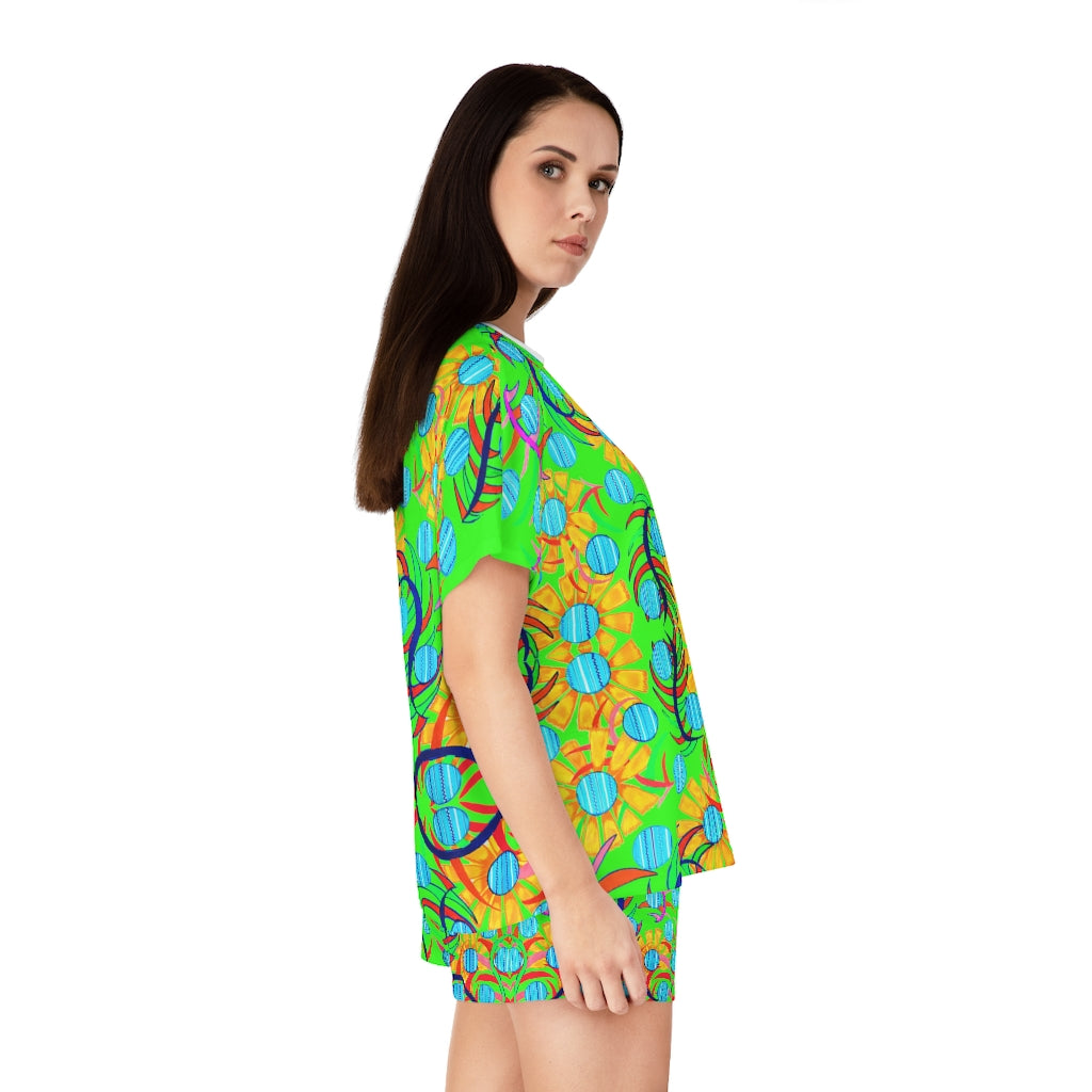 Neon Green Sunflower Short Pajama Set (AOP)