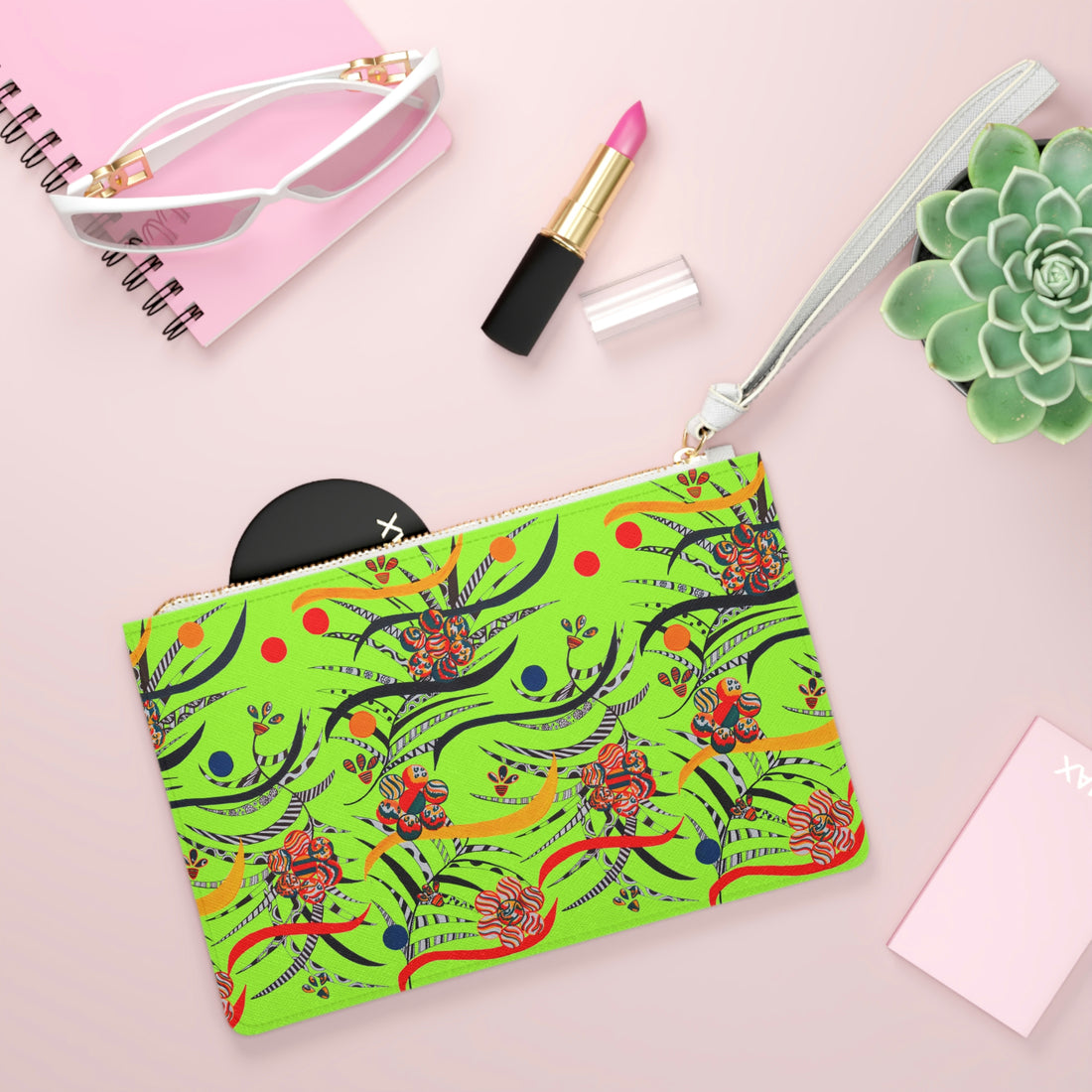 lime green floral & animal print clutch bag