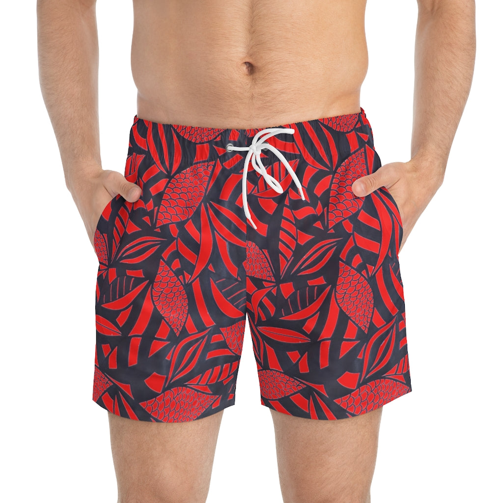 Red Tropical Minimalist Swimming Trunks