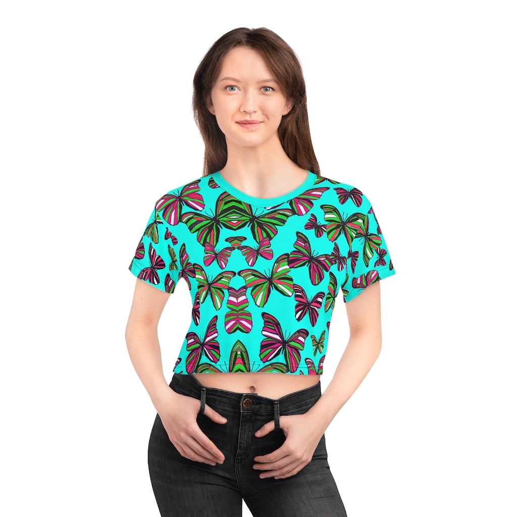 cyan butterfly print crop t-shirt