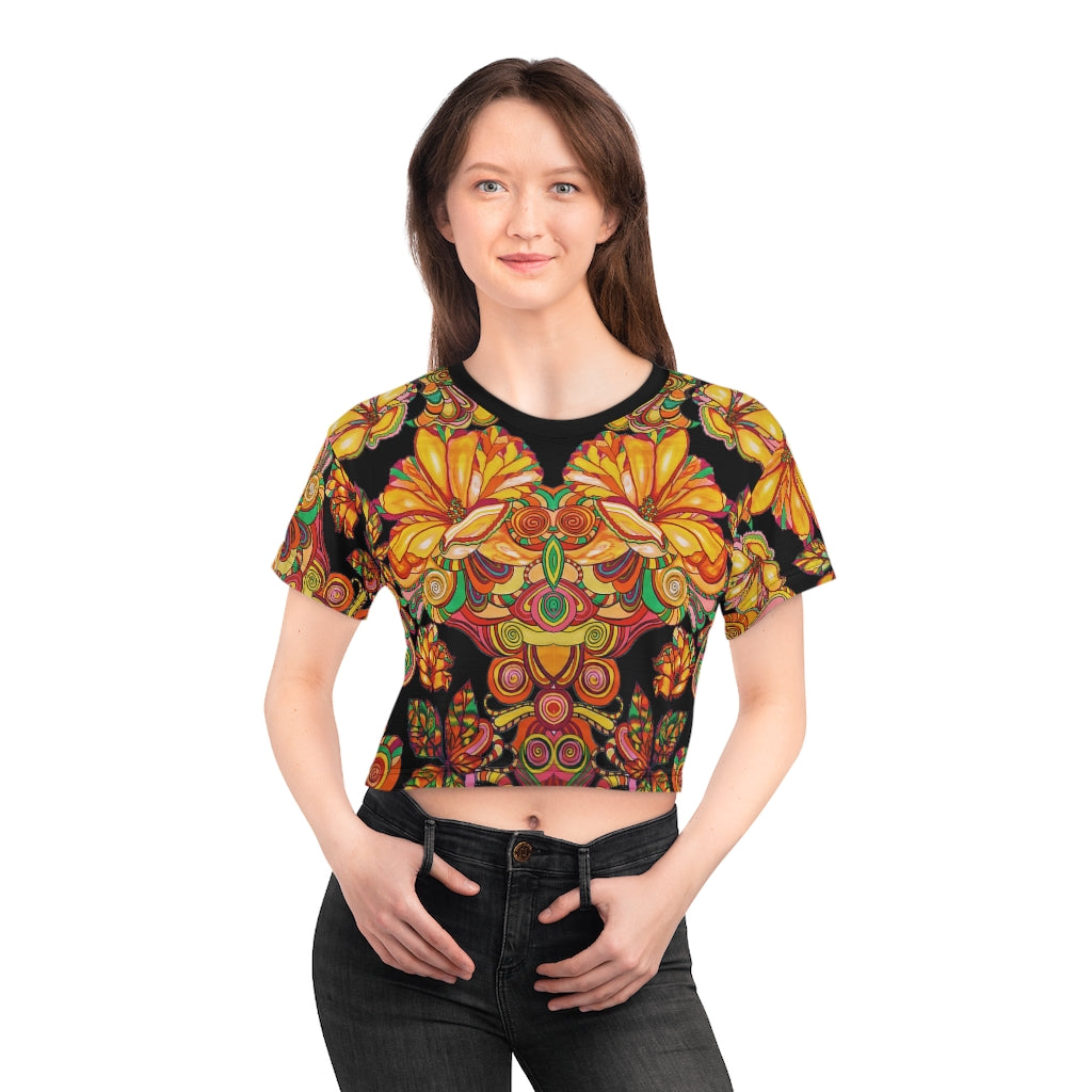 black graphic floral print crop t-shirt