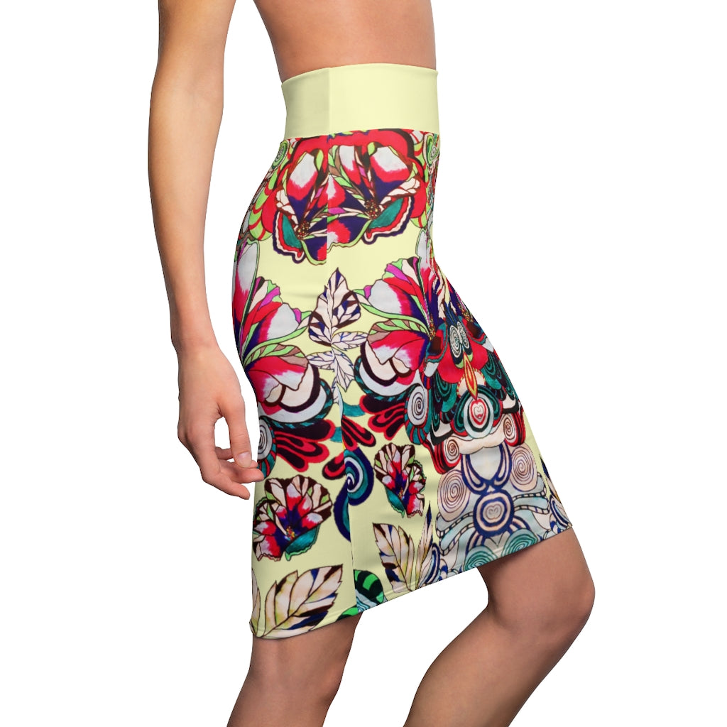 Floral Pop Cream Pencil Skirt