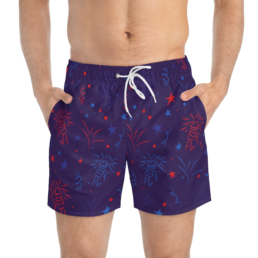 violet 4th of July firecracker print men's swimming trunks