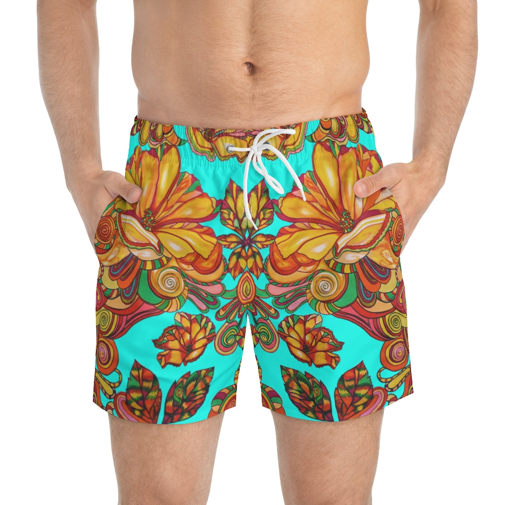 Artsy Floral Men's Cyan Swimming Trunks