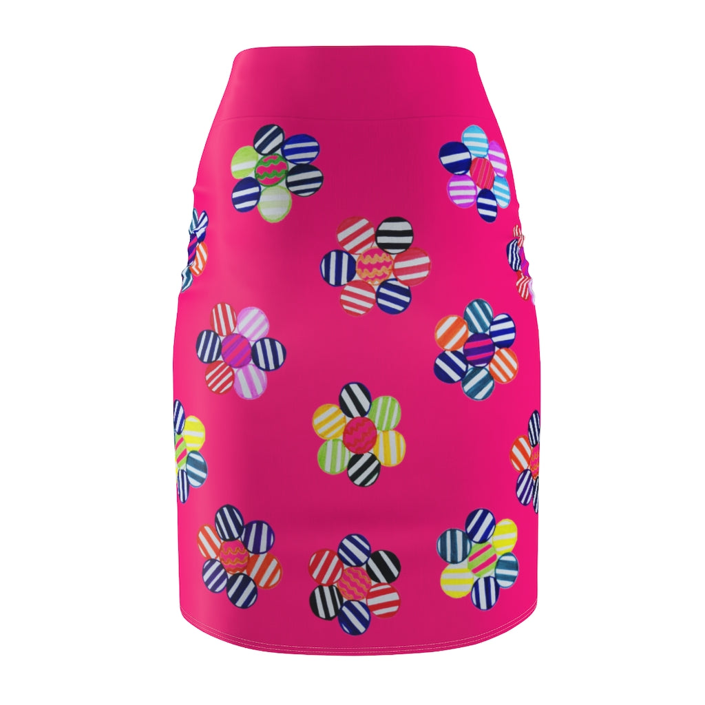 Hot Pink Candy Florals Print Pencil Skirt