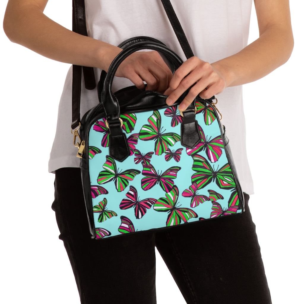 icy blue butterfly print handbag