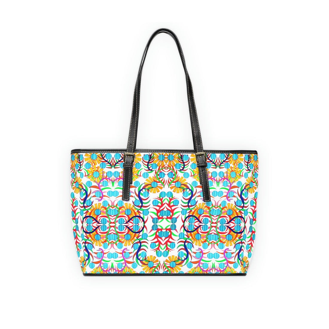 white sunflower print pu leather zipper tote bag