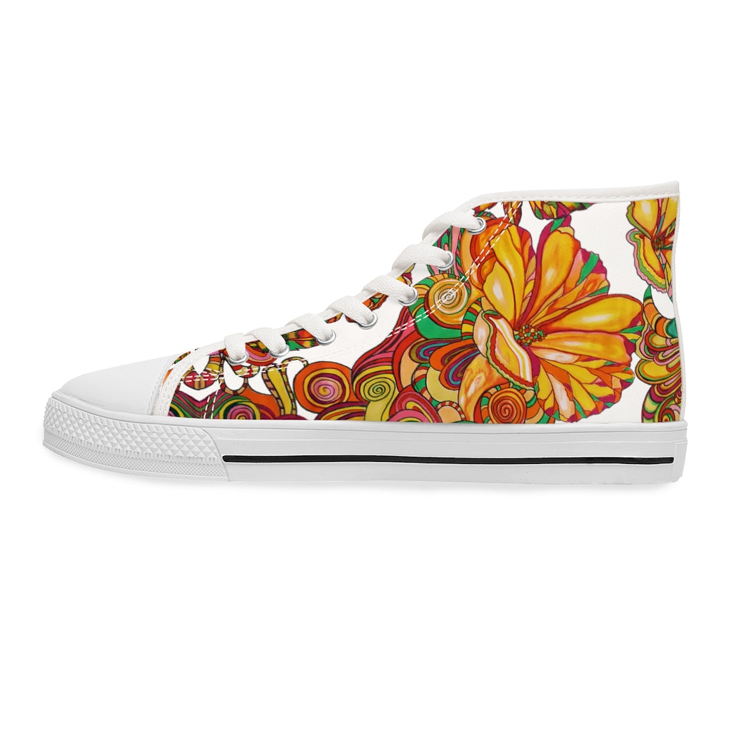 white floral print canvas high top sneakers for women