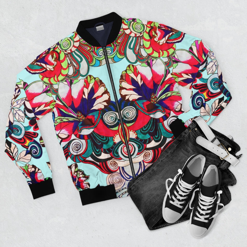 icy blue graphic floral men's bomber jacket