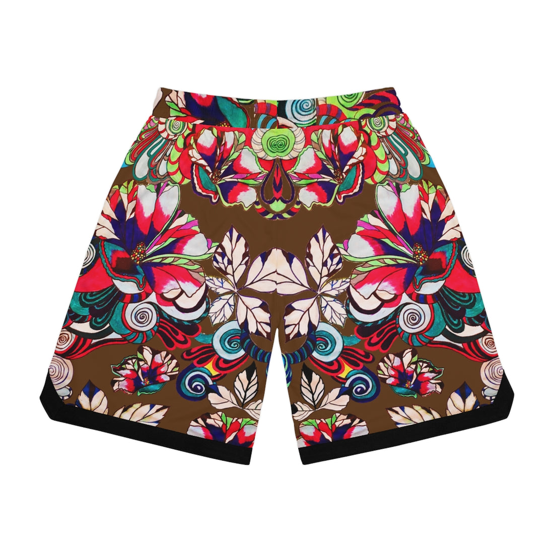 Brown Graphic Floral Basketball Rib Shorts (AOP)