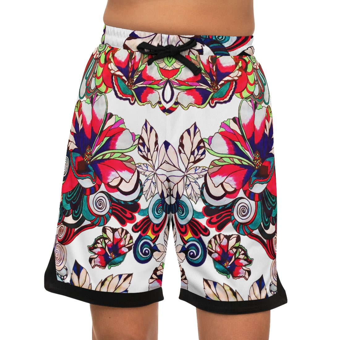 white graphic floral basketball shorts for men