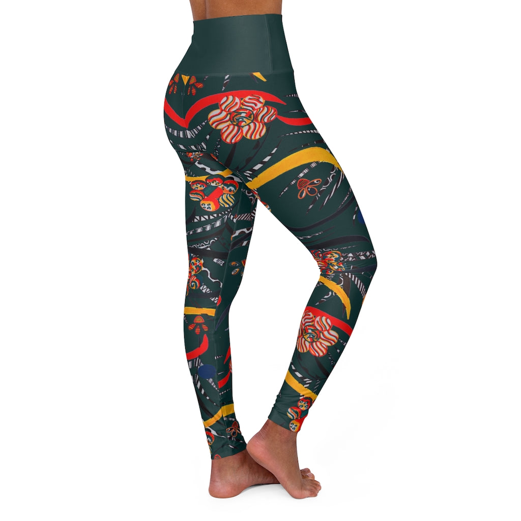 bottle green animal & floral print yoga leggings