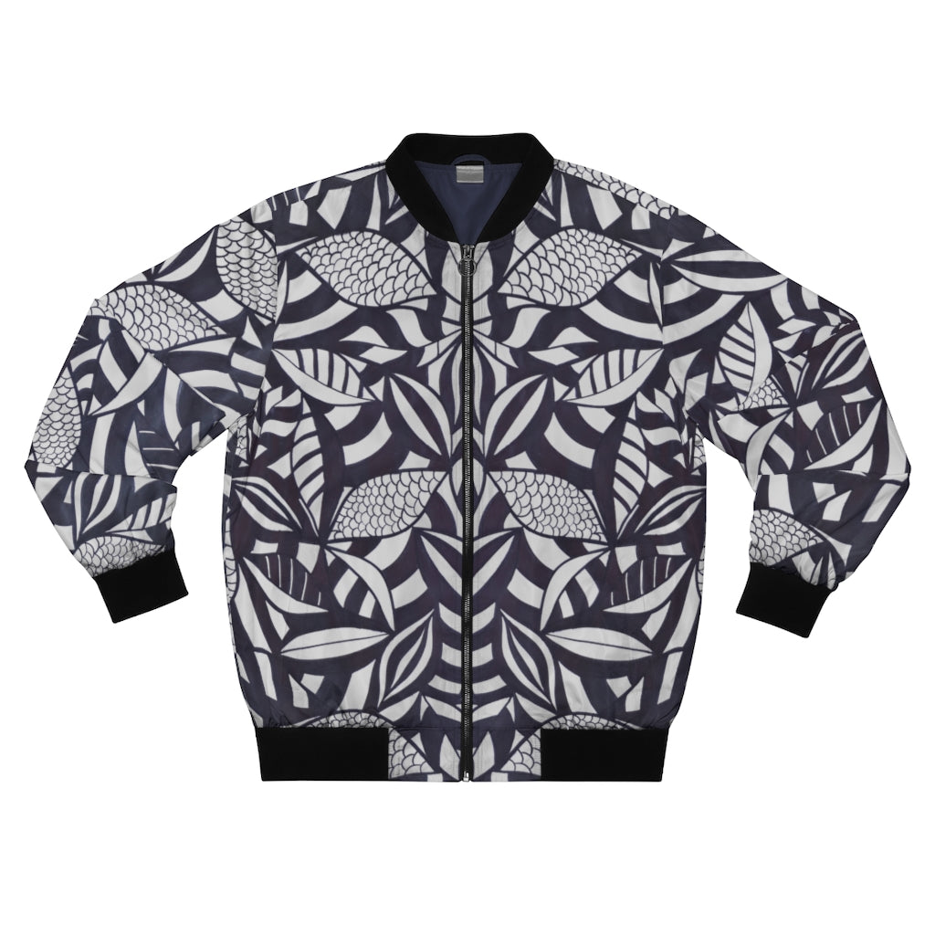 slate grey tropical leaves print men's bomber jacket