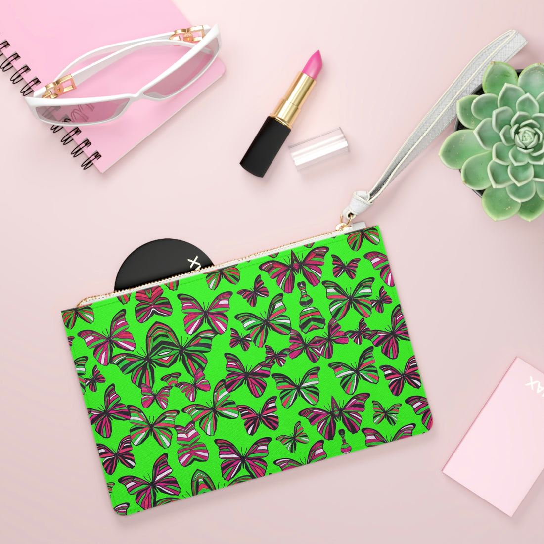 Neon Green Butterfly Print Clutch Bag