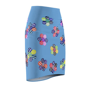sky striped floral print pencil skirt