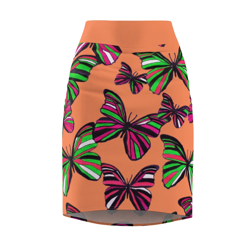 Peachy Coral Butterflies Pencil Skirt