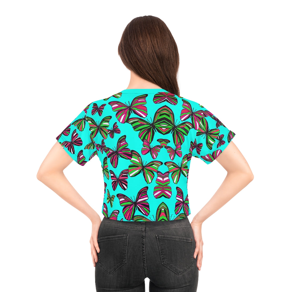 Cyan Butterfly AOP Crop Tee