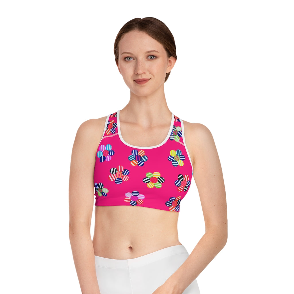 hot pink geometric flowers sports bra 