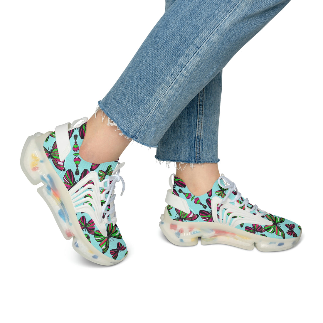 Icy Blue Butterfly Printed OTT Women's Mesh Knit Sneakers