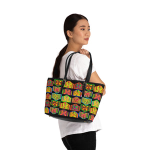 black pu leather zipper tote with multi colour art deco print
