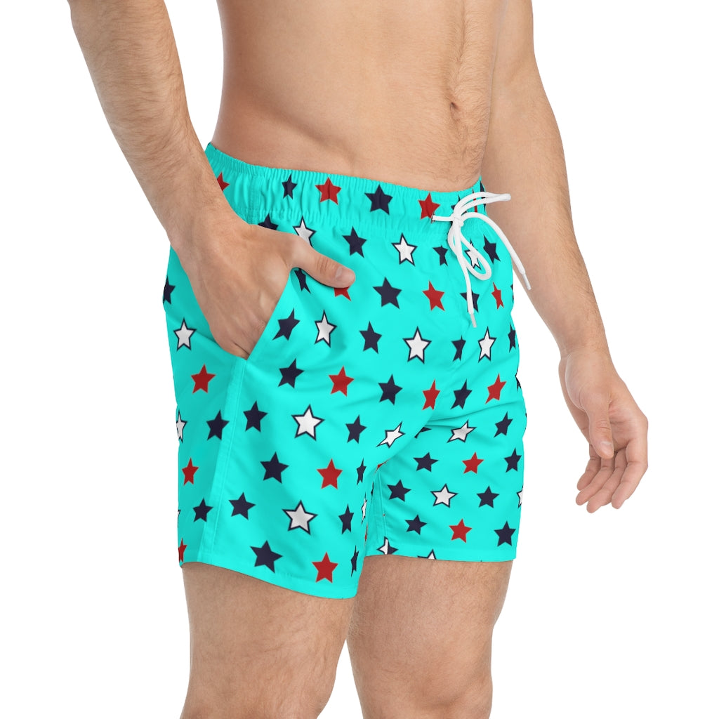 cyan star print 4th of July men's swimming trunks