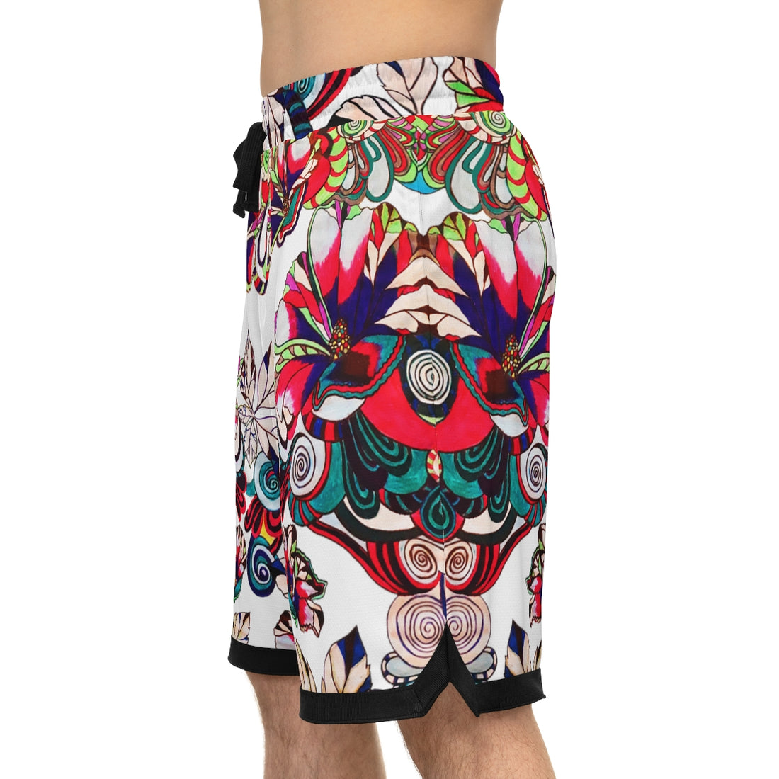 White Graphic Floral Basketball Rib Shorts (AOP)