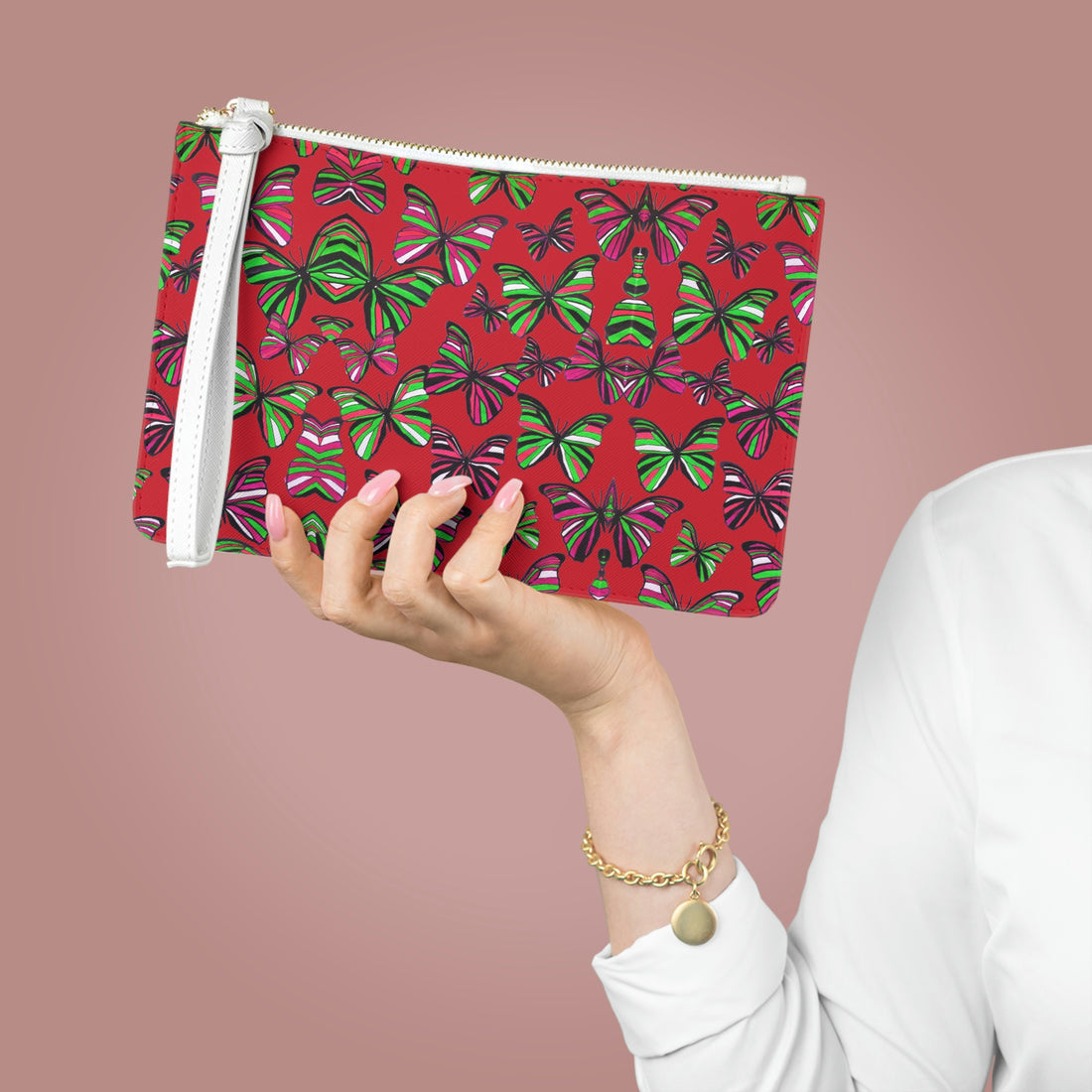 deep red butterfly print clutch bag