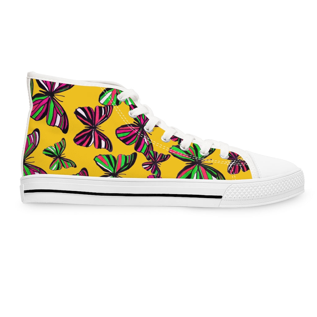 yellow butterfly print canvas women's high top sneakers 